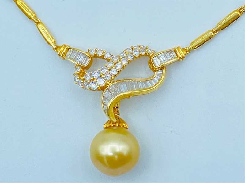宝石買取 K18イエローゴールド台 ゴールデンパール ダイヤモンド 3.33ct デザイン ネックレス