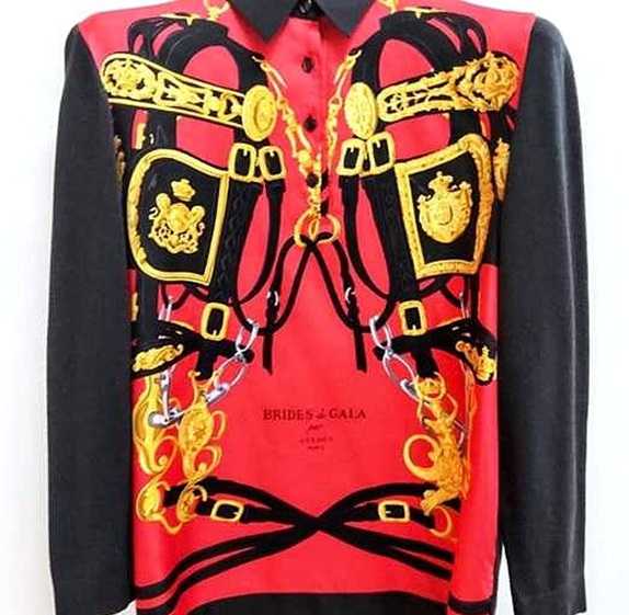 エルメス買取　長袖切替ニットシャツ　スカーフ柄